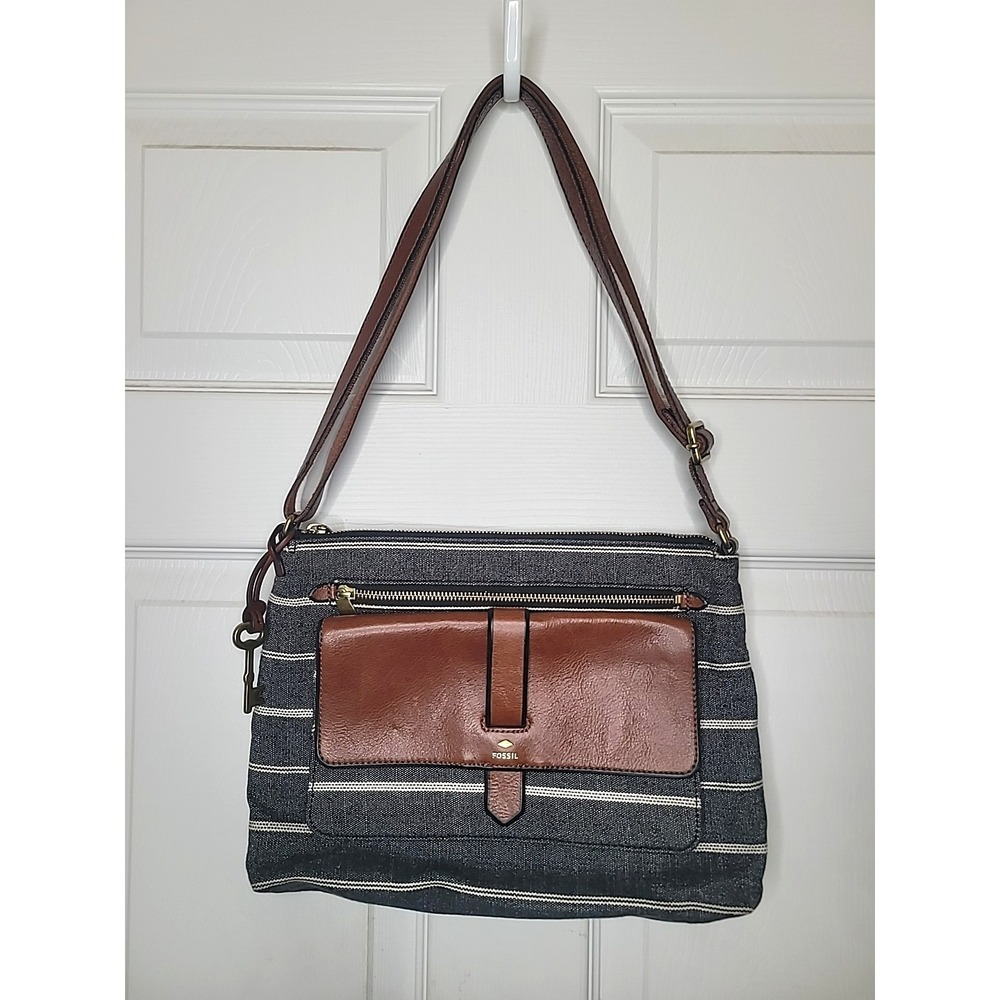 Fossil Kinley Bohemian Gray Stripes Crossbody Bag Purse Handbag Leather EUC